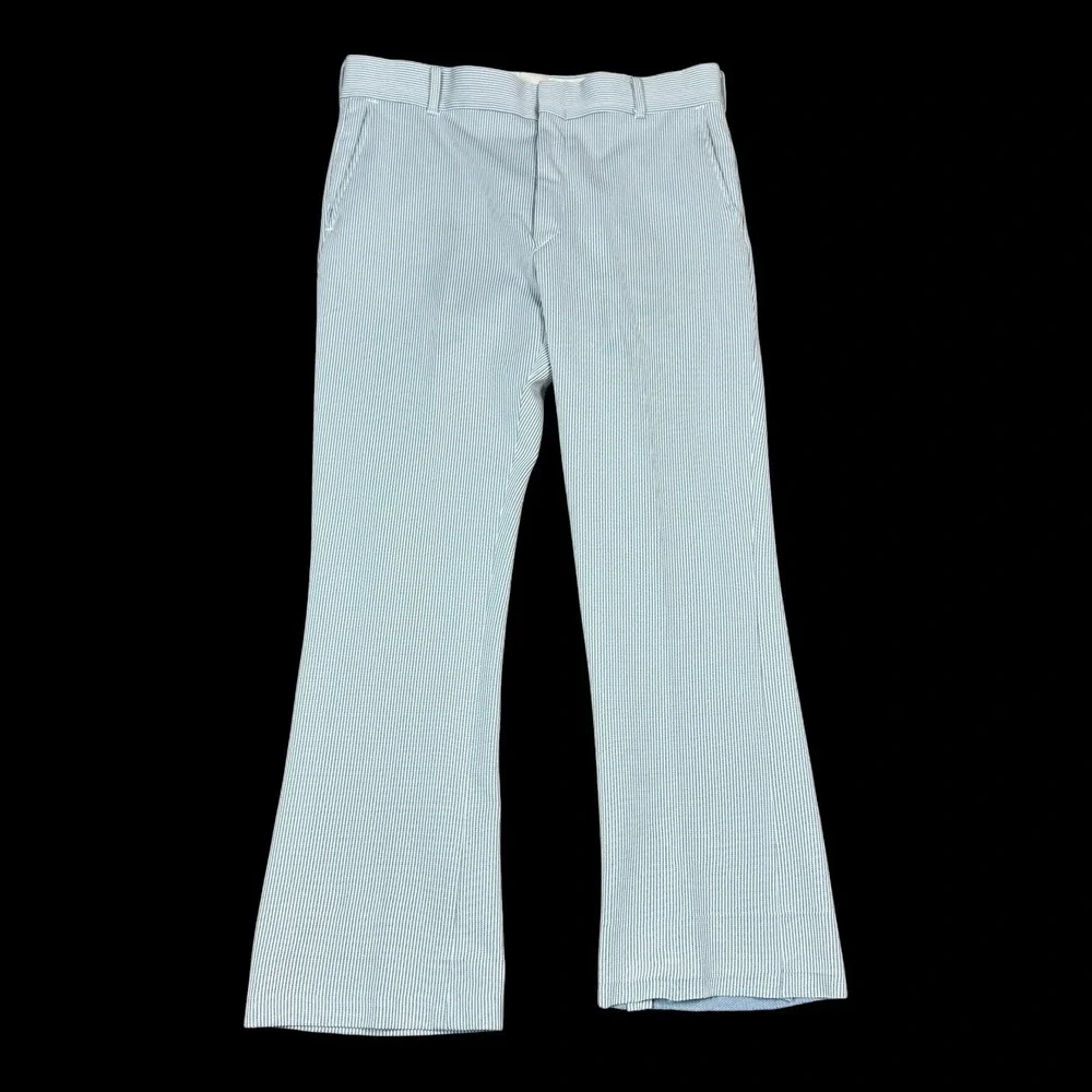 Vintage 60s 70s Talon Zipper Blue/White Seersucker Pants Men's 33x27.75 FLAWS‎